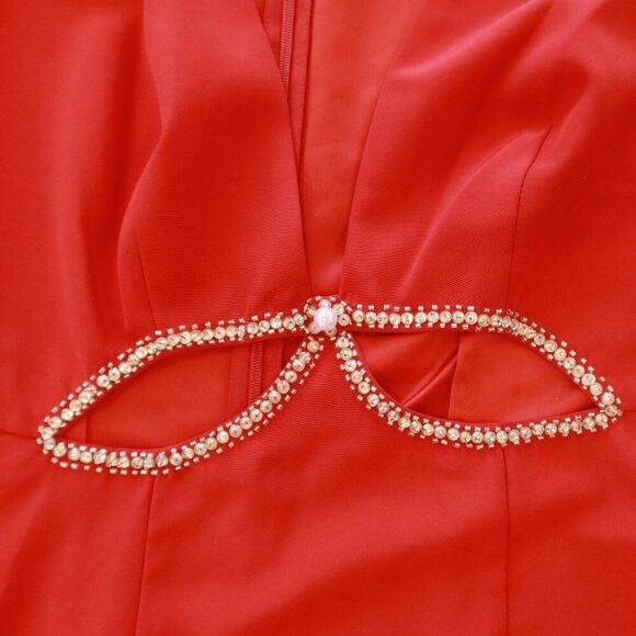 NWT MAC DUGGAL red cut out maxi dress plunge neck puff sleeve A2630 2 party form - Picture 4 of 12